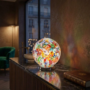 Può includere: Una lampada da tavolo sferica in vetro caratterizzata da un vivace motivo millefiori con forme floreali e geometriche multicolori. La lampada poggia su una base metallica circolare ed emette una luce soffusa e diffusa.