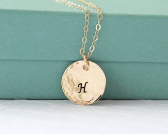 Personalized Initial Necklace - Gold Disc Necklace - Simple Gold Necklace - Engraved Letter Necklace - Custom Gold Necklace - Letter Charm -