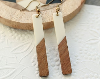 Long Wood Bar Earrings - Wood Acrylic Resin Earrings - White Wood Bohemian Earrings - Fall Fashion Earrings - Wooden Boho Earrings - Boho