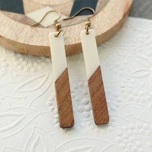 Long Wooden Bar Earrings, Wood Acrylic Resin Earrings, Perfect Fall Fashion Earrings