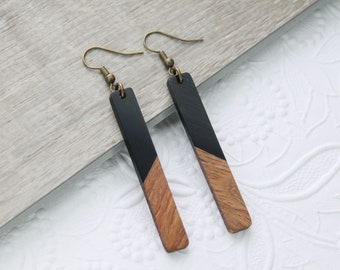 Long Wood Bar Earrings - Wood Acrylic Resin Earrings - Black White Wood Bohemian Earrings - Fall Fashion Earrings - Wooden Boho Earrings