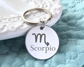 Engraved Zodiac Sign Keychain Personalized With Your Sign, Astrological Sign Keychain