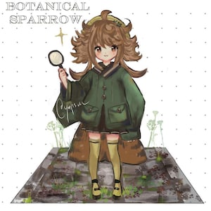 May include: Illustration of a character with brown hair and a green coat holding a magnifying glass. The character is wearing a hat and yellow socks. The text "BOTANICAL SPARROW" is at the top of the image.