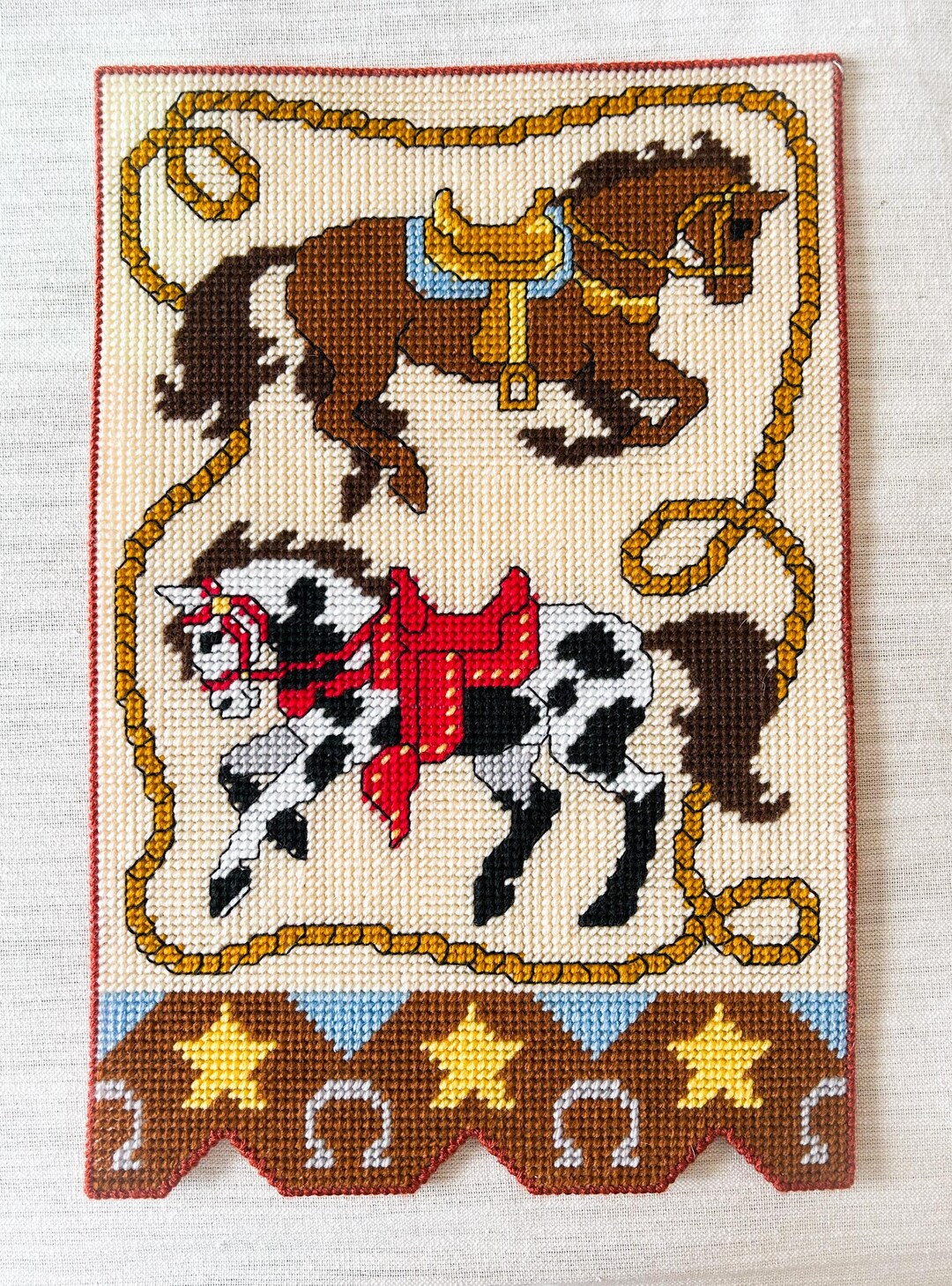 Western Rodeo Cowboy, Vintage Handmade Plastic Canvas Needlepoint ...