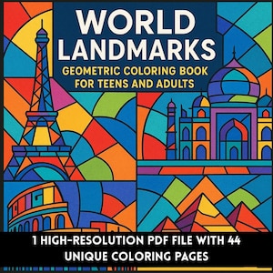 Printable World Landmarks Coloring Pages – 44 Famous Monuments & Geometric Travel Art PDF for Adults