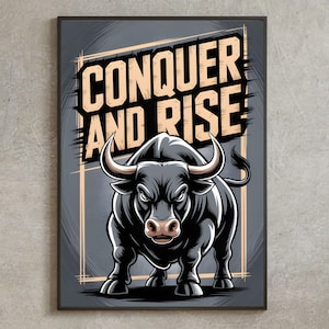 Conquer and Rise Bull Market Poster, Stock Market Wall Art, Trading Room Decor, Motivational Finance Print, Gift for Traders & Investors