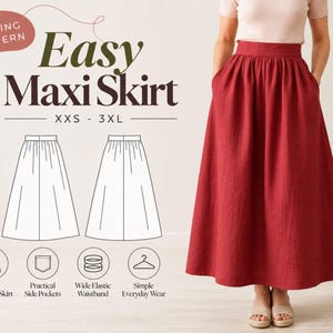 May include: A sewing pattern for an easy maxi skirt in sizes XXS to 3XL. The image displays a deep red, full-length gathered skirt with side pockets and a wide waistband, alongside a technical line drawing of the skirt and icons for features.