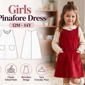 Può includere: Un vestito senza maniche rosso con due tasche frontali e scollo rotondo. L'immagine include il testo Girls Pinafore Dress 12M - 14Y, insieme a disegni tecnici al tratto del davanti e del retro del vestito e icone per tasche, stile scolastico, design senza maniche e uso quotidiano.
