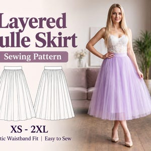 May include: A sewing pattern for a layered tulle skirt with text reading Layered Tulle Skirt, Sewing Pattern, XS - 2XL, and Elastic Waistband Fit | Easy to Sew. The image displays a lavender midi-length tulle skirt and a line drawing illustration.