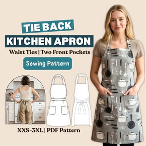 May include: A gray kitchen apron featuring a repeating pattern of black and white cooking utensils and pots. The apron includes two front pockets and waist ties. Text on the image reads: TIE BACK KITCHEN APRON, Waist Ties | Two Front Pockets, Sewing Pattern, XXS-3XL | PDF Pattern.