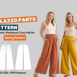 May include: A sewing pattern for palazzo pants with an elastic waistband and easy pull-on design. The text reads PALAZZO PANTS PATTERN, Elastic Waistband | Easy Pull On, Sewing Pattern, and XS-2XL | PDF Pattern, featuring a technical line drawing.