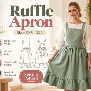 Square Neck Ruffle Apron Sewing Pattern PDF, Vintage Tie Back Kitchen Apron  XXS – 3XL