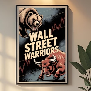 Wall Street Warriors Poster, Bull vs Bear Stock Market Print, Trading Mindset Wall Art, Finance Battle Office Decor for Traders & Investors