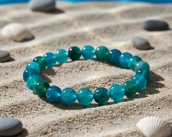 Pulsera de cuentas de cristal de apatita azul, joyería elástica de piedras preciosas