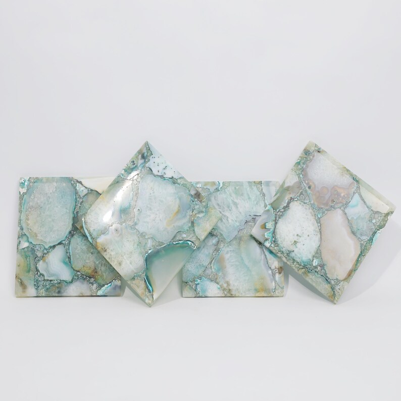 Posavasos de piedra natural de ágata verde, pieza decorativa para la mesa del comedor, decoración espiritual del hogar y área de meditación (juego de 4 piezas) imagen 3