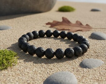 Pulsera de cristal de roca volcánica de lava negra para aromaterapia esencial, pulsera relajante para aliviar el estrés, 8 mm