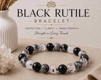 Black rutilated quartz manifestation beaded bracelet for mental clarity cleansing unisex crystal bracelet 8mm