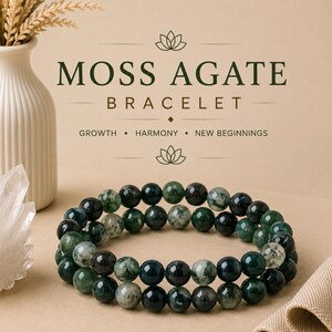 Pulseira artesanal de ágata musgosa para cura natural, promovendo crescimento, abundância, chakra do coração, novos começos e prosperidade. 8 mm de espessura.