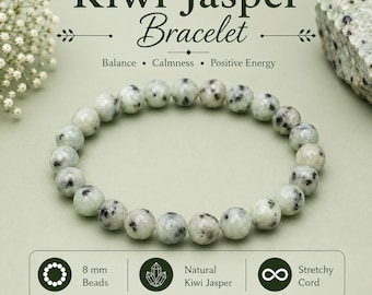 May include: A stretchable bracelet made of round 8 mm natural kiwi jasper beads with black and grey speckles. The text reads Kiwi Jasper Bracelet, Balance, Calmness, Positive Energy, 8 mm Beads, Natural Kiwi Jasper, Stretchy Cord, and 6-8 inch length.