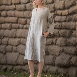 Linen V Neck Midi Dress, Beige Long Sleeve Linen Dress with Pockets, Casual Loose Fit Summer Outfit for Women