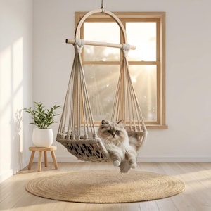Op de afbeelding: Een beige macramé hangstoel met een lichtgekleurde kat erin. De stoel hangt aan een houten frame en hangt voor een raam. Een kleine houten kruk met een potplant staat links. Een rond jute vloerkleed ligt op de vloer.