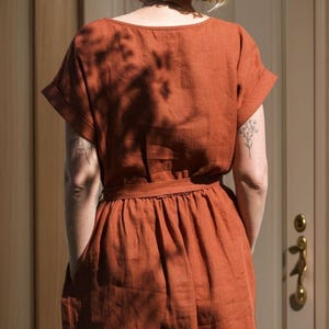 Rust Linen Midi Dress, Short Sleeve Belted Dress with Pockets, Minimalist Summer Outfit for Women, Casual Natural Fiber Clothing