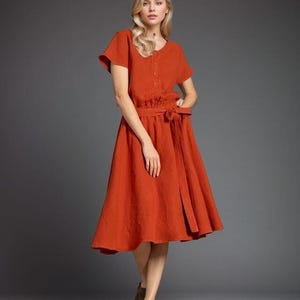 Rust Red Linen Dress for Women, Short Sleeve Midi Summer Dress with Belt, Casual Vintage Style Outfit