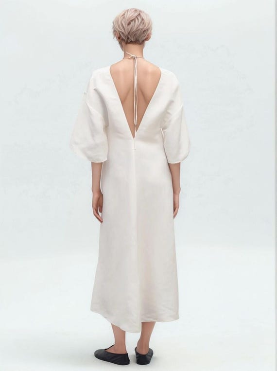 White Linen Midi Dress, Open Back, Loose Fit Summer Dress