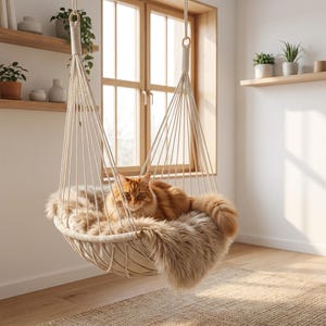 May include: A hanging macrame cat bed with a fluffy faux fur cushion. An orange tabby cat is curled up inside the bed. The bed is suspended from a ceiling hook near a window, creating a cozy space for a pet.