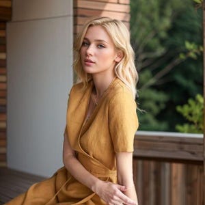 Mustard Linen Wrap Dress, Short Sleeve Summer Midi Dress with Belt, Casual Elegant Outfit for Women