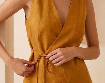 Gilet cache-cœur en lin pour femme, moutarde, col en V profond, cravate sur le côté, gilet sans manches, haut d'été minimaliste