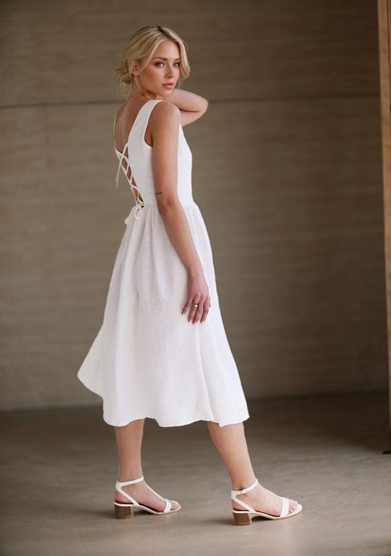 White Linen Midi Dress, Lace-up Back, Elegant Summer Clothing - Etsy