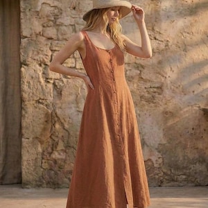 Leinen Maxikleid für Frauen Terrakotta lässiges tägliches Kleid ärmellose Knopfleiste Hauskleid Sommer Leinenkleid