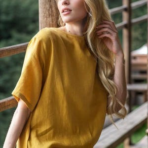 Mustard Yellow Linen Dress, Loose Fit Summer Shift Dress, Short Sleeve Casual Outfit, Minimalist Linen Clothing for Women
