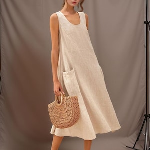 Sleeveless Linen Midi Dress with Pockets, Casual Loose Summer Dress, Natural Beige Flowy Sundress