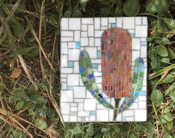 Outdoor mosaic art -  Tall Red Banksia Flower branch wall hanging garden art  gardener gift, yard decoration, ornament