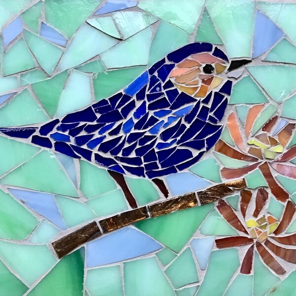 Outdoor mosaic art - Blue Bird on branch