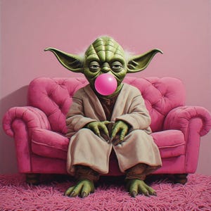 May include: A green alien-like character with large ears and a pink bubble gum bubble, seated on a pink tufted sofa. The character wears a beige robe and is surrounded by a pink background and a pink shag rug. The image has a whimsical, pop art style.