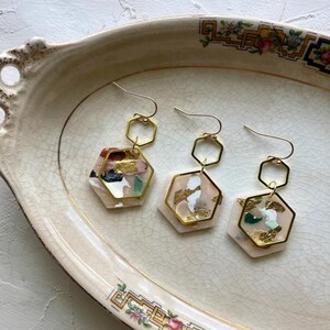 Green & Gold Hexagon Dangle Earrings Lightweight Geometric Statement Jewelry