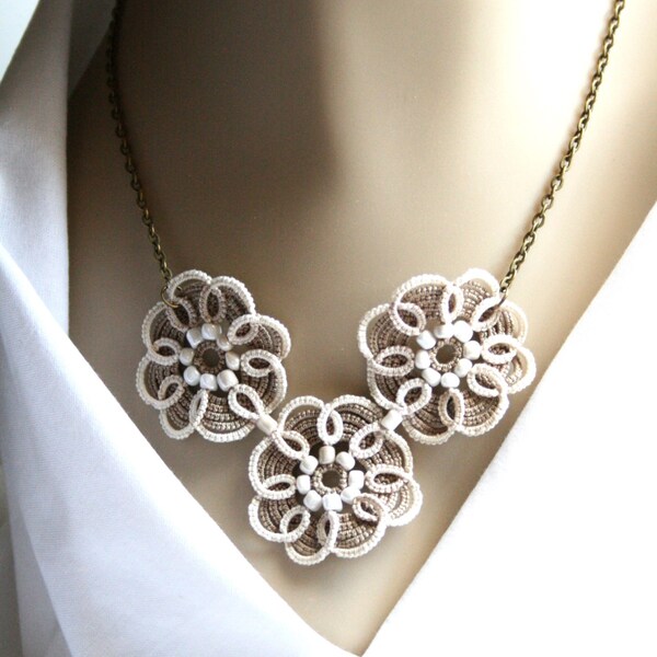 Linen Mocha Flower Fiber Necklace Earring Set