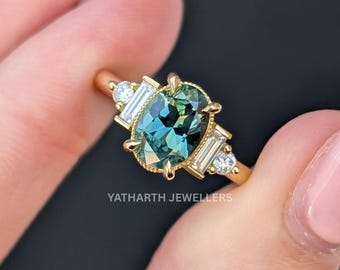 2.5 Ct Green Oval Moissanite Engagement Ring 14K/18K Solid Gold Three Stone Baguette & Round Side Stones Art Deco Bridal Ring Weddings Gift
