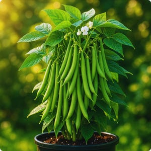 May include: A green bean plant in a black pot, with numerous long, green beans hanging down. The plant features bright green leaves and small white flowers, with a blurred green backdrop.