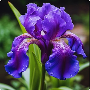 Peut inclure: Gros plan sur une fleur d'iris violette vibrante avec des gouttelettes d'eau. La fleur a des pétales froissés avec des veines violet foncé et blanches. Des feuilles vertes sont visibles en arrière-plan, créant un thème floral naturel.