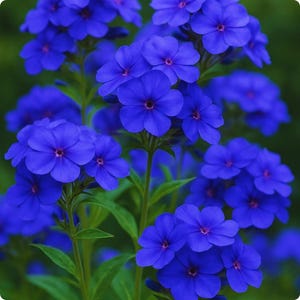 May include: A cluster of vivid blue phlox flowers, each with five petals and a dark central eye. The image shows green stems and leaves against a blurred green backdrop. The flowers are in full bloom.