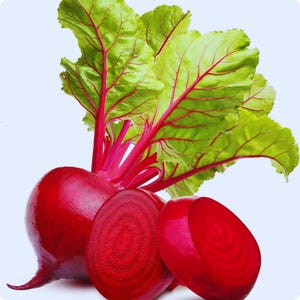 Peut inclure: Gros plan sur des betteraves fraîches. Les betteraves sont d'un rouge profond, avec une texture lisse. Les feuilles sont d'un vert vif avec des veines rouges. Une betterave est entière, et deux sont tranchées, révélant l'intérieur.