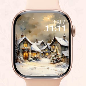 May include: A rose gold smartwatch displays a winter village scene with snow-covered houses and a Christmas tree. The time is 11:11 on Friday. The watch has a rounded rectangular face and a light pink band.