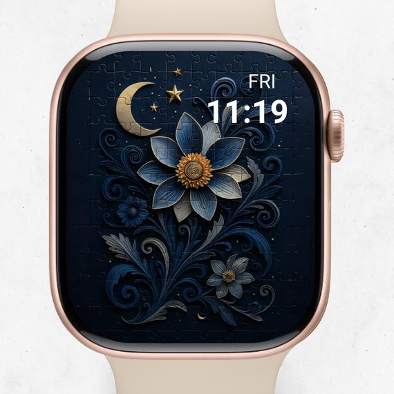 Celestial Apple Watch Wallpaper: Dark Blue Gold Floral Quilling