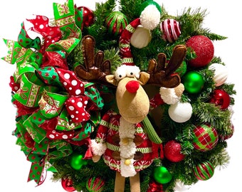 Christmas Wreath 26" In-Outdoor Winter Deer Reindeer Pinecone Red Green White Shatterproof Ornaments FREE SHIPPING!