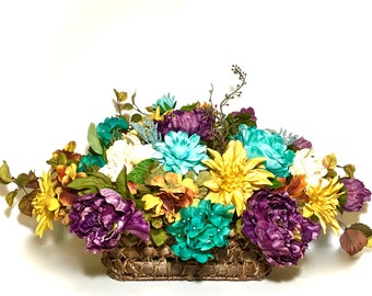 Floral Arrangement Centerpiece Long All Season Fall Bronze Gold Rust Turquoise Purple Wicker Basket FREE SHIPPING!