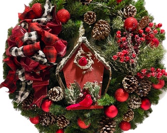 Red Winter Christmas Wreath Birdhouse  Holiday SHATTERPROOF Ornament Red Burgundy Peony 30” IN/OUTDOOR